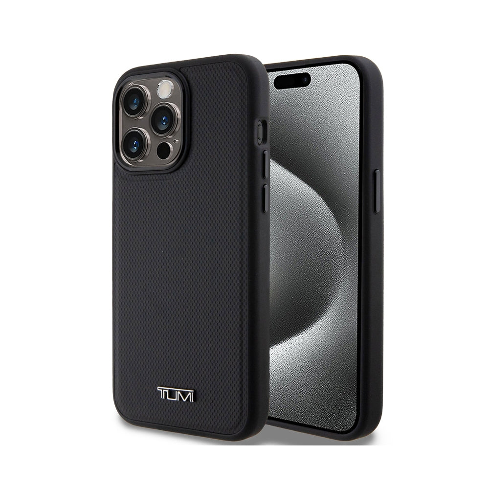 TUMI Leather Embossed Hard Case Balistic Pattern Black Phone Magnetic Case for iPhone 16 Pro | 16 Pro Max